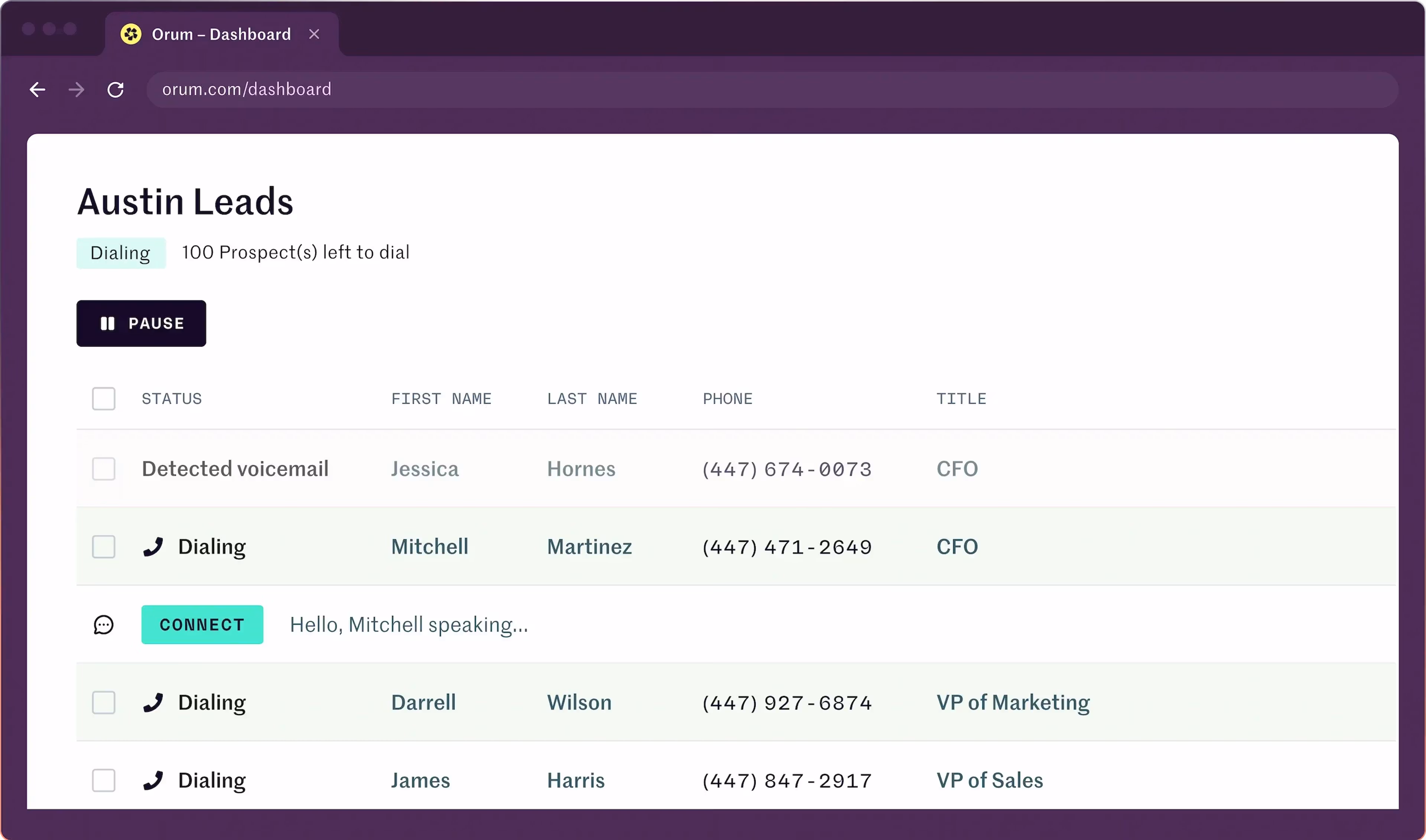 Orum parallel dialer dashboard showing 7-line calling interface with analytics